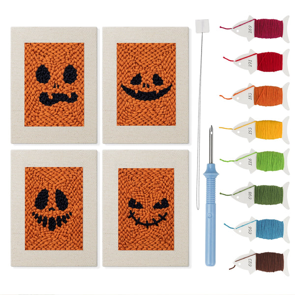 Pumpkin Grins mini punch needle kit set: four finished canvases with threads, punch needle and threader