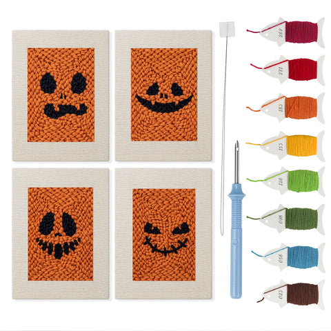 Pumpkin Grins mini punch needle kit set: four finished canvases with threads, punch needle and threader