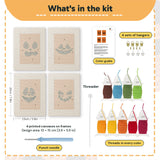 What is in the Pumpkin Grins set: 4 printed canvases, punch needle, threader, threads, color guide and 4 sets of hangers (6 × 8 in (15 × 20 cm) each)