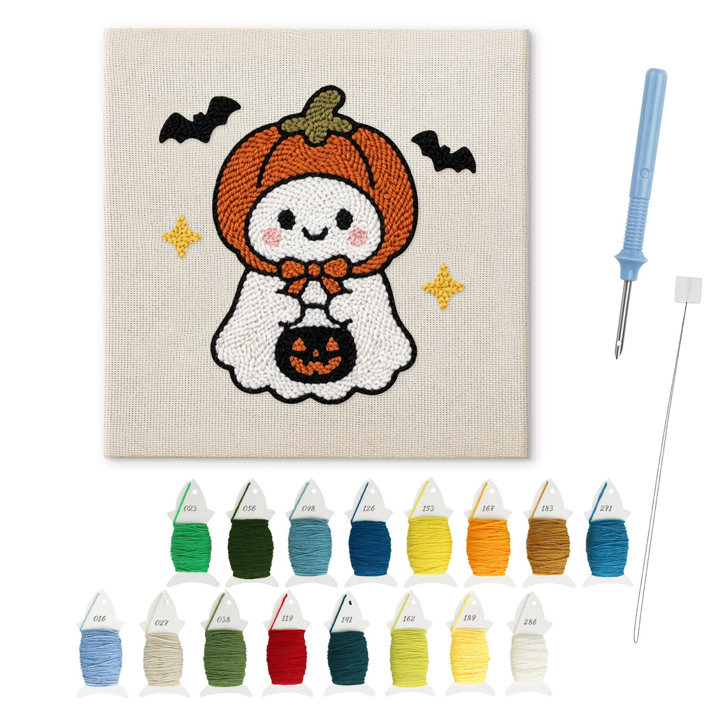 Pumpkin Hat Ghost punch needle kit: finished canvas with threads, punch needle and threader