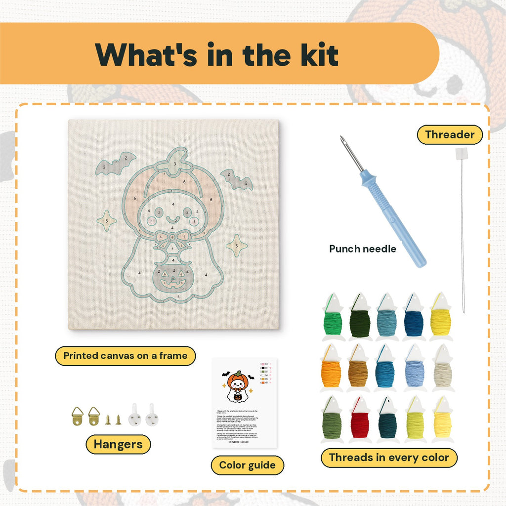 What is in the Pumpkin Hat Ghost kit: printed canvas, punch needle, threader, threads, color guide and hangers