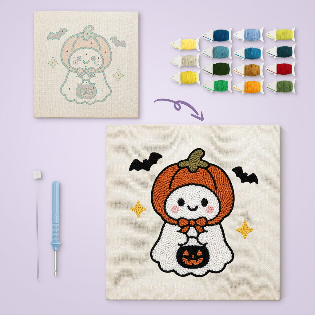 Pumpkin Hat Ghost canvas before and after punching, with the threads and tools