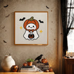 Finished Pumpkin Hat Ghost punch needle canvas on a wall