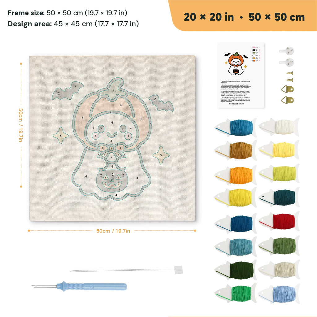 Pumpkin Hat Ghost punch needle kit, 20 × 20 in (50 × 50 cm): canvas size and kit contents