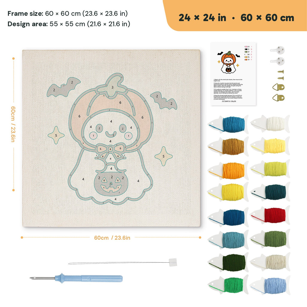 Pumpkin Hat Ghost punch needle kit, 24 × 24 in (60 × 60 cm): canvas size and kit contents