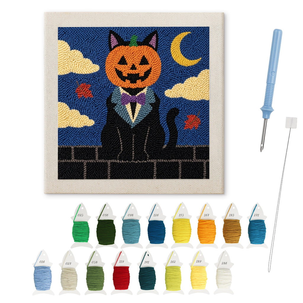 Pumpkin Head Cat punch needle kit: finished canvas with threads, punch needle and threader