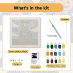 What is in the Pumpkin Head Cat kit: printed canvas, punch needle, threader, threads, color guide and hangers