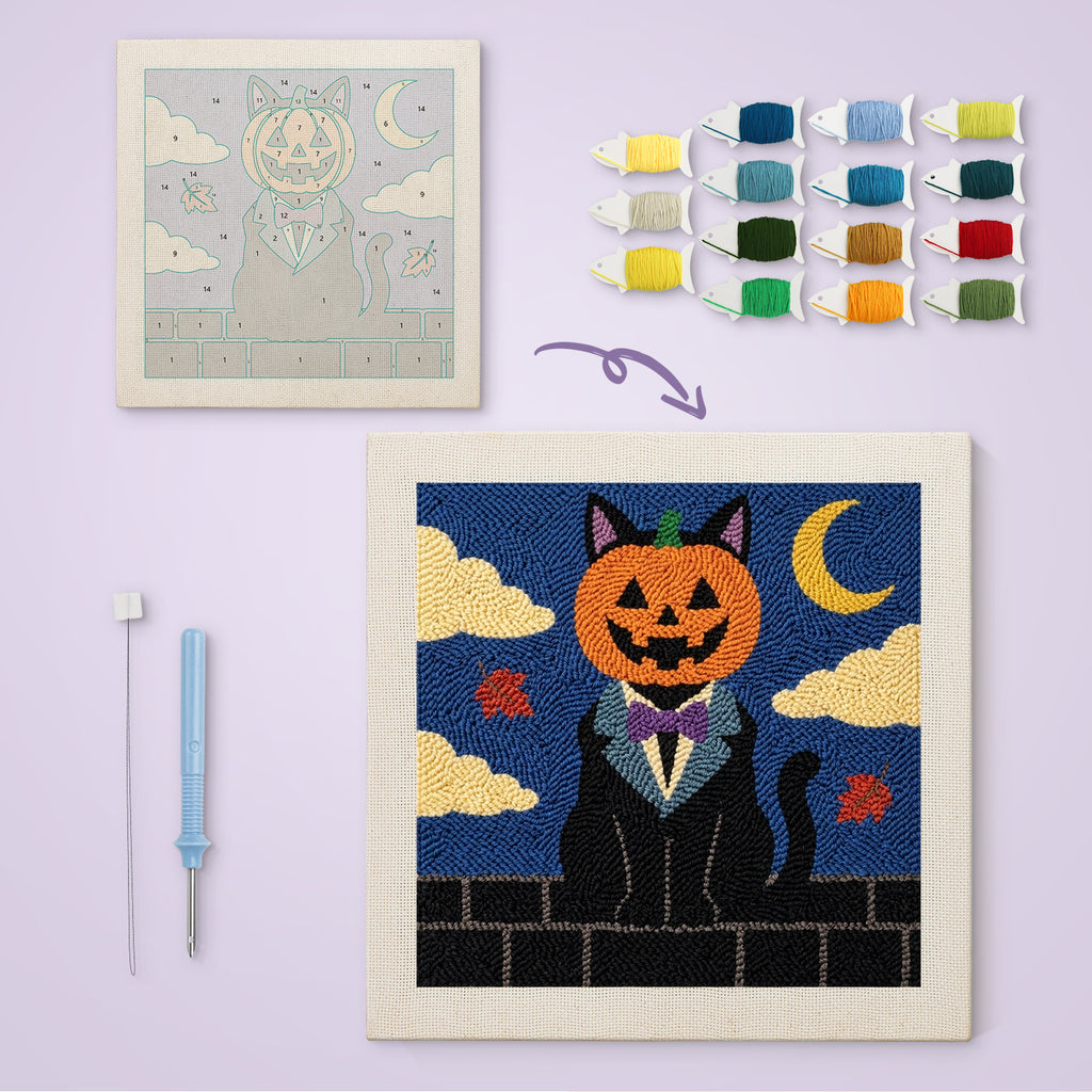 Pumpkin Head Cat canvas before and after punching, with the threads and tools