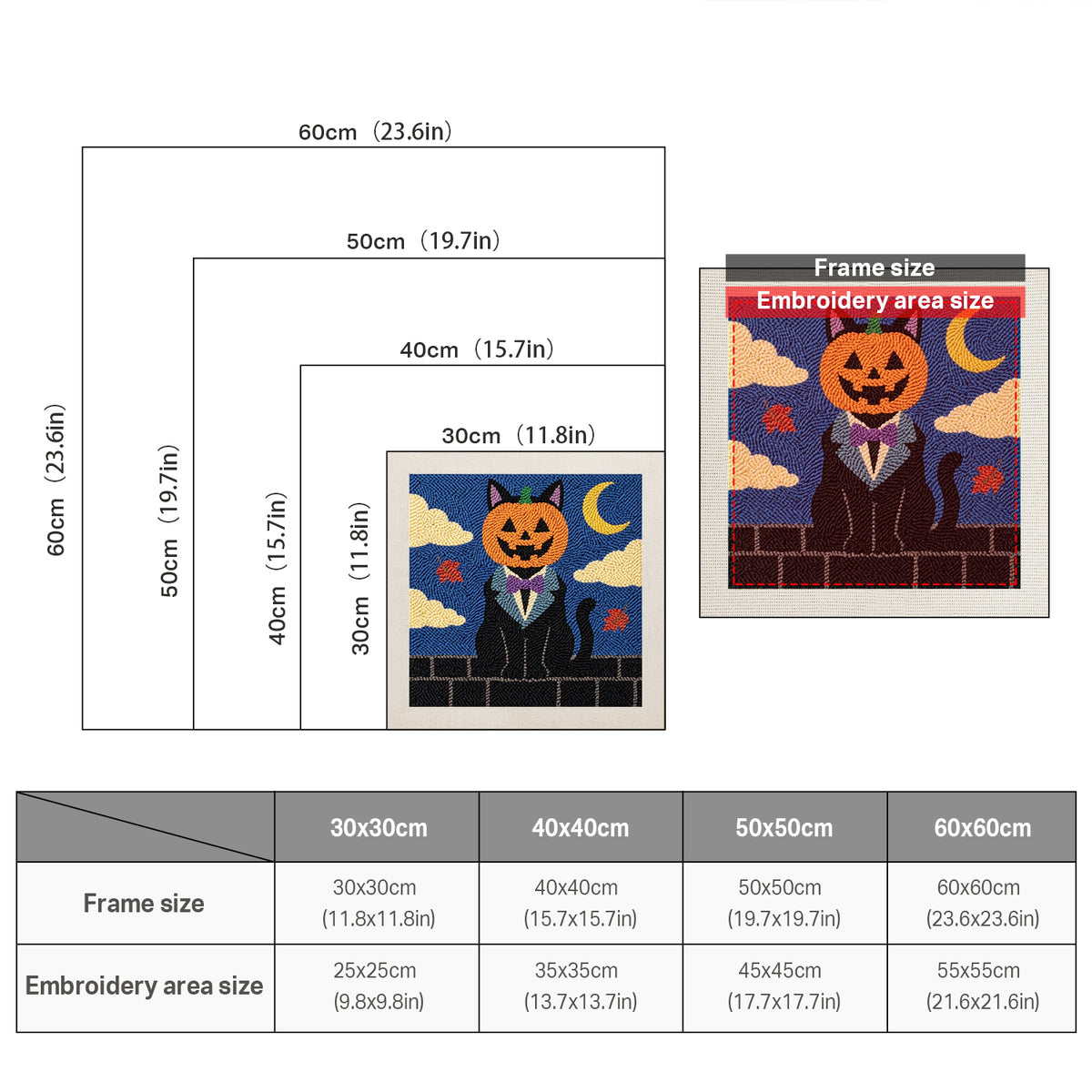 Size chart for square punch needle kits from 30 x 30 cm to 60 x 60 cm