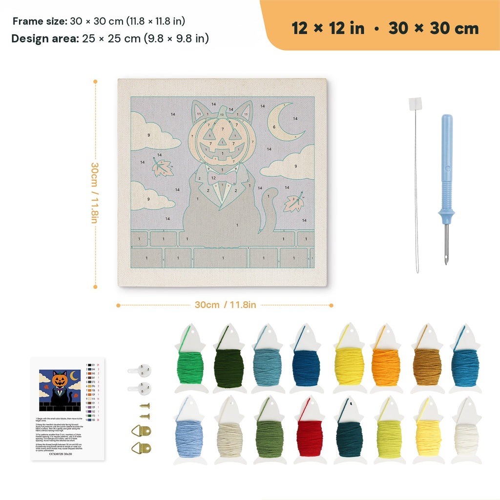 Pumpkin Head Cat punch needle kit, 12 × 12 in (30 × 30 cm): canvas size and kit contents