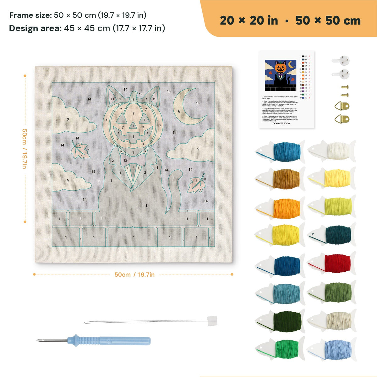 Pumpkin Head Cat punch needle kit, 20 × 20 in (50 × 50 cm): canvas size and kit contents