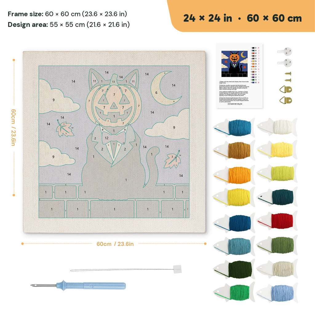 Pumpkin Head Cat punch needle kit, 24 × 24 in (60 × 60 cm): canvas size and kit contents