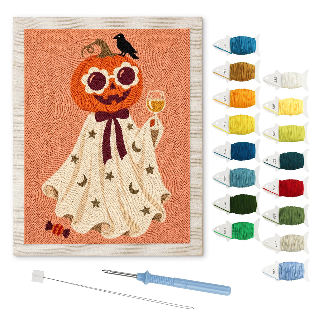 Pumpkin Head Toast punch needle kit: finished canvas with threads, punch needle and threader