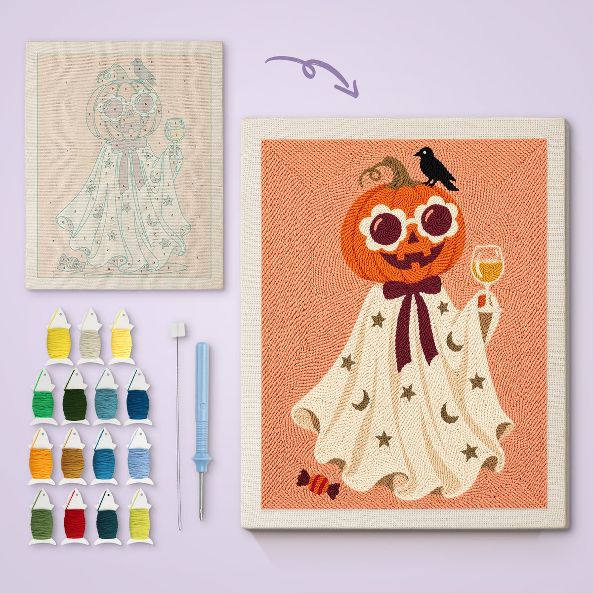 Pumpkin Head Toast canvas before and after punching, with the threads and tools