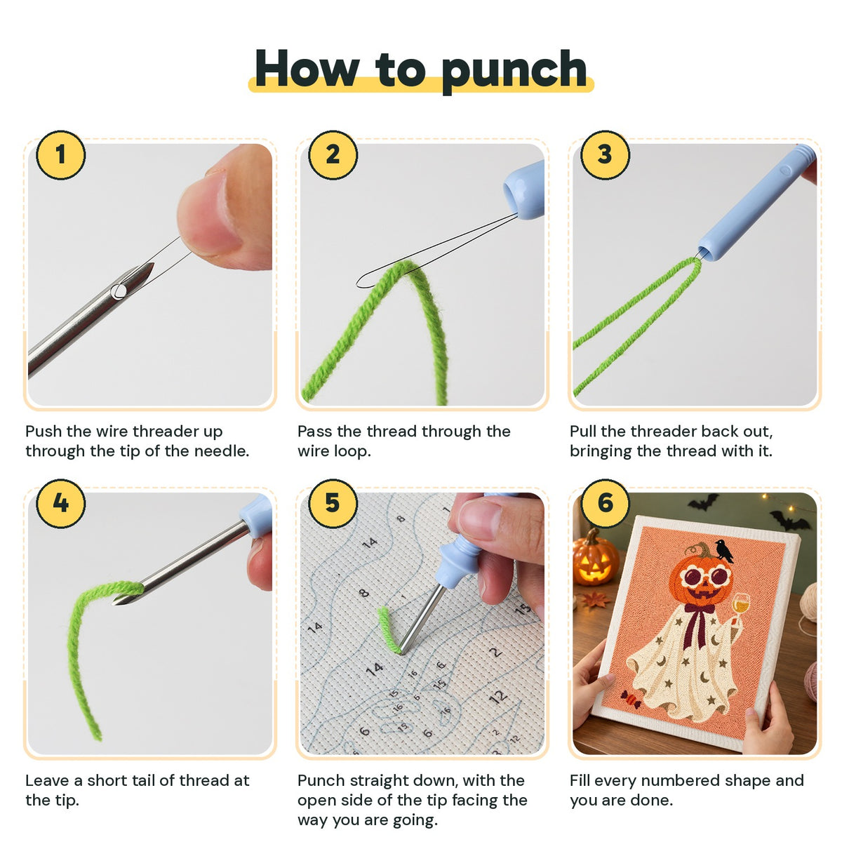 Six steps showing how to thread and use the punch needle