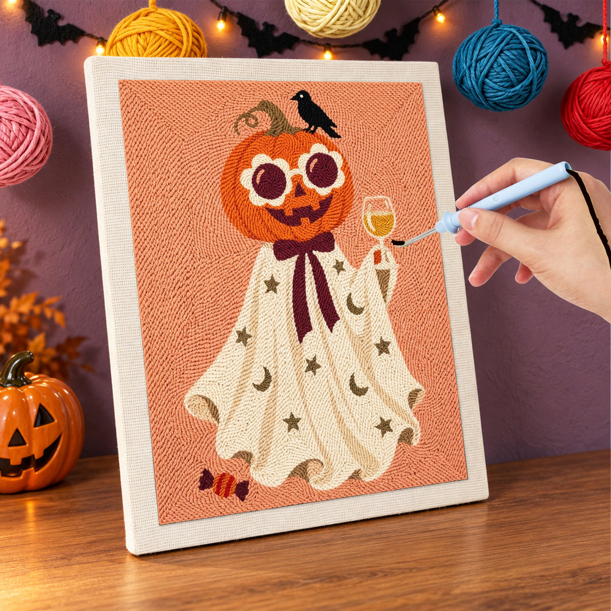 Punching the Pumpkin Head Toast design with the punch needle