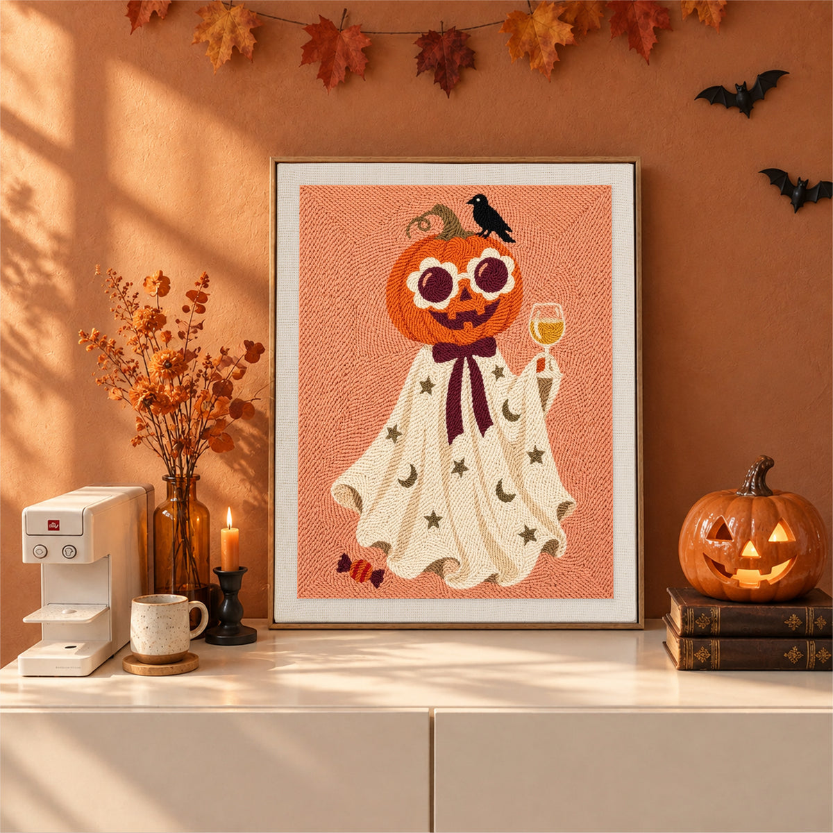 Finished Pumpkin Head Toast punch needle canvas on a wall