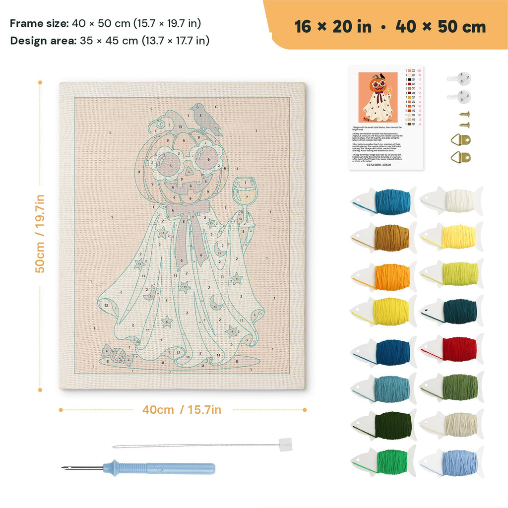 Pumpkin Head Toast punch needle kit, 16 × 20 in (40 × 50 cm): canvas size and kit contents