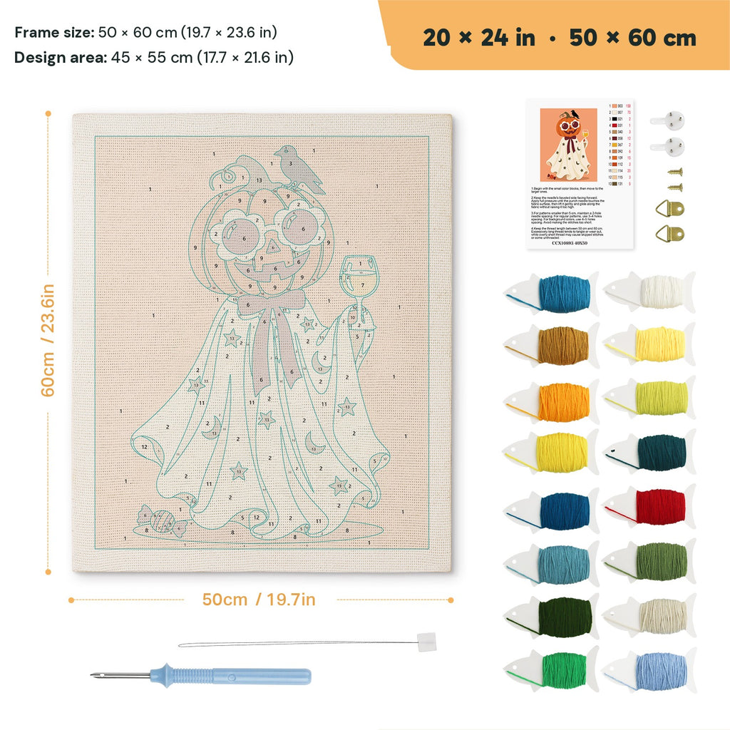 Pumpkin Head Toast punch needle kit, 20 × 24 in (50 × 60 cm): canvas size and kit contents