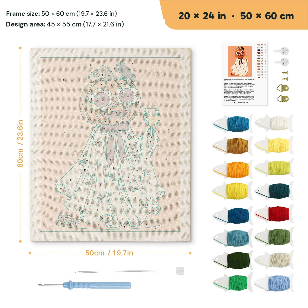 Pumpkin Head Toast punch needle kit, 20 × 24 in (50 × 60 cm): canvas size and kit contents