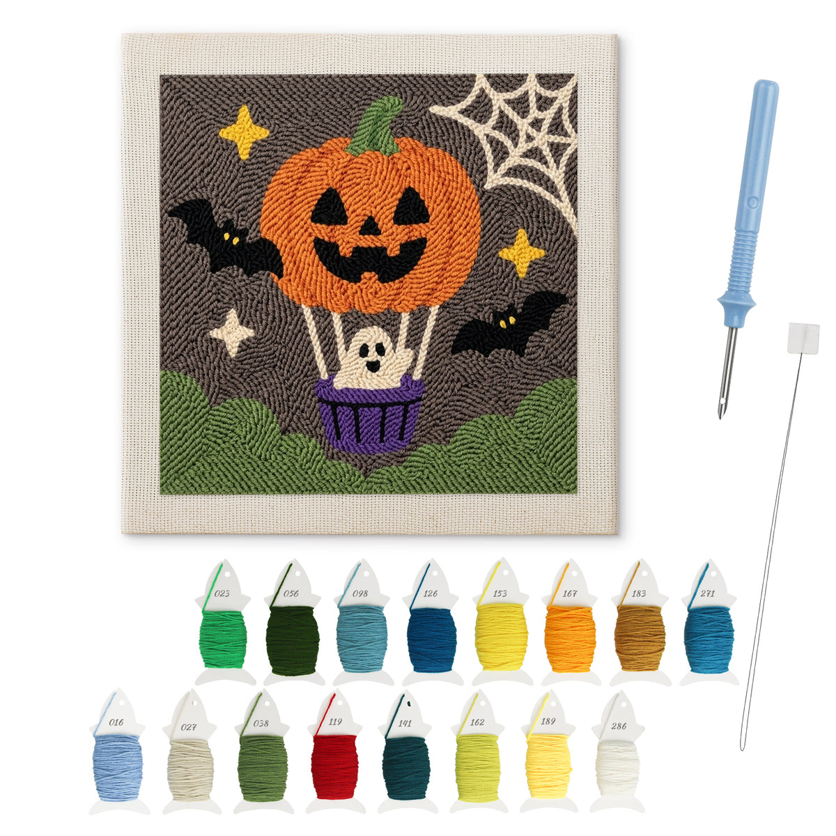 Pumpkin Hot Air Balloon punch needle kit: finished canvas with threads, punch needle and threader