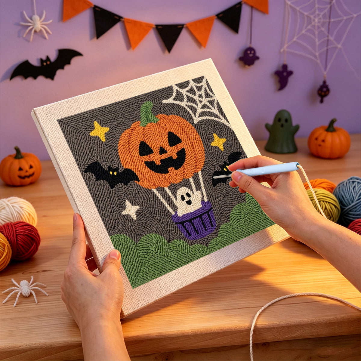 Punching the Pumpkin Hot Air Balloon design with the punch needle
