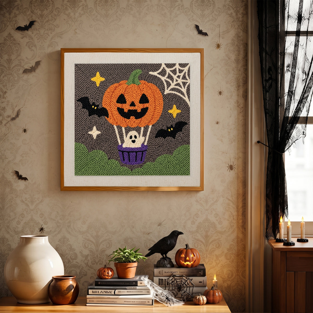 Finished Pumpkin Hot Air Balloon punch needle canvas on a wall
