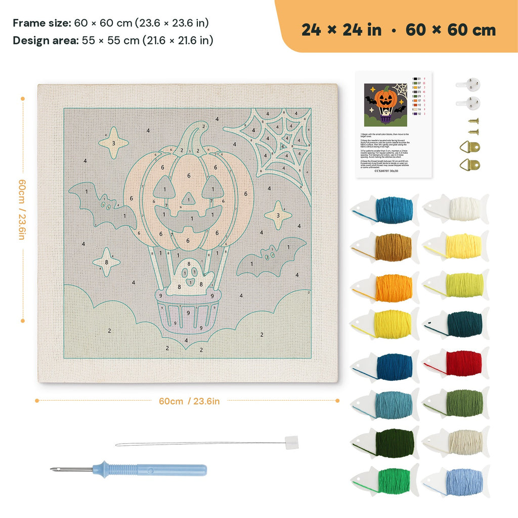 Pumpkin Hot Air Balloon punch needle kit, 24 × 24 in (60 × 60 cm): canvas size and kit contents