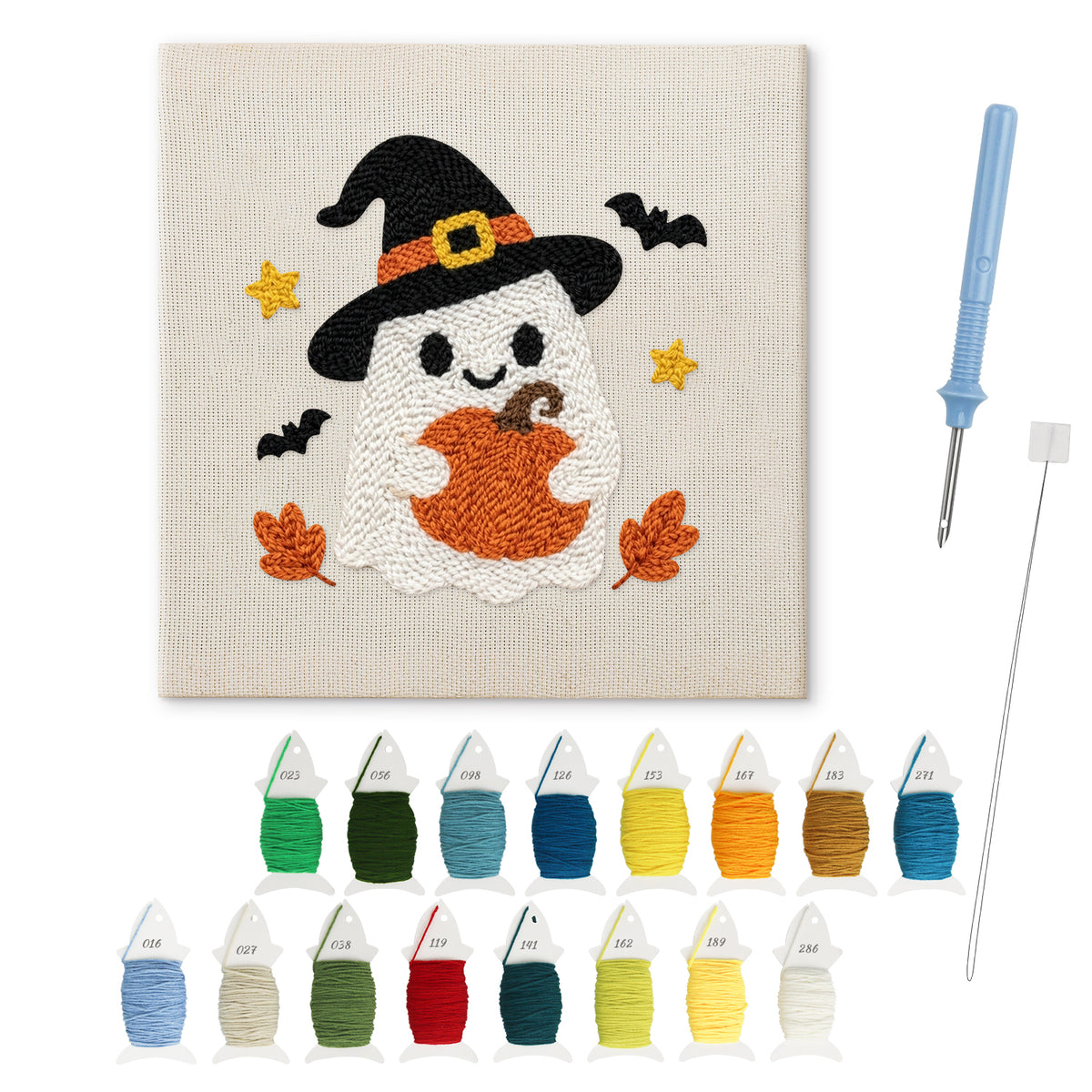 Pumpkin Hug Ghost punch needle kit: finished canvas with threads, punch needle and threader