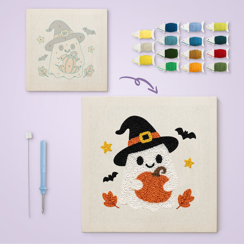Pumpkin Hug Ghost canvas before and after punching, with the threads and tools