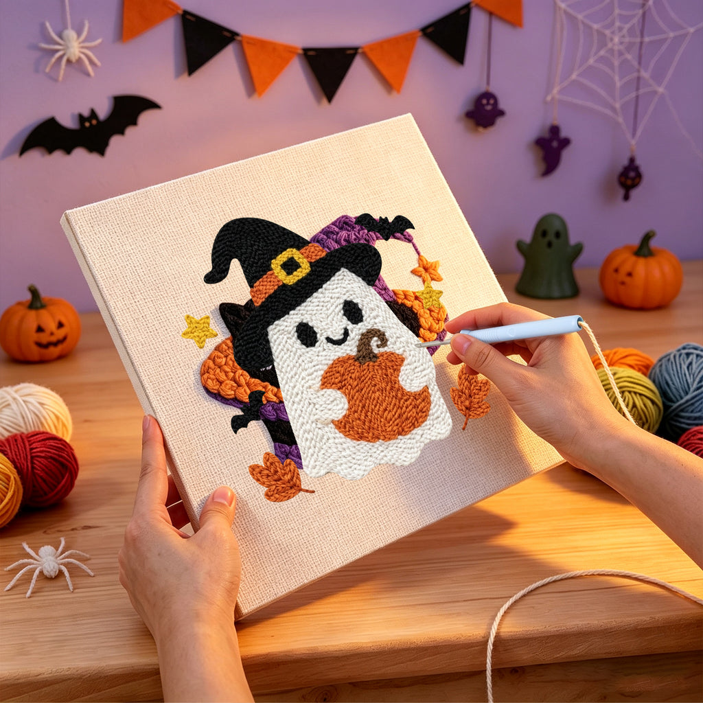 Punching the Pumpkin Hug Ghost design with the punch needle