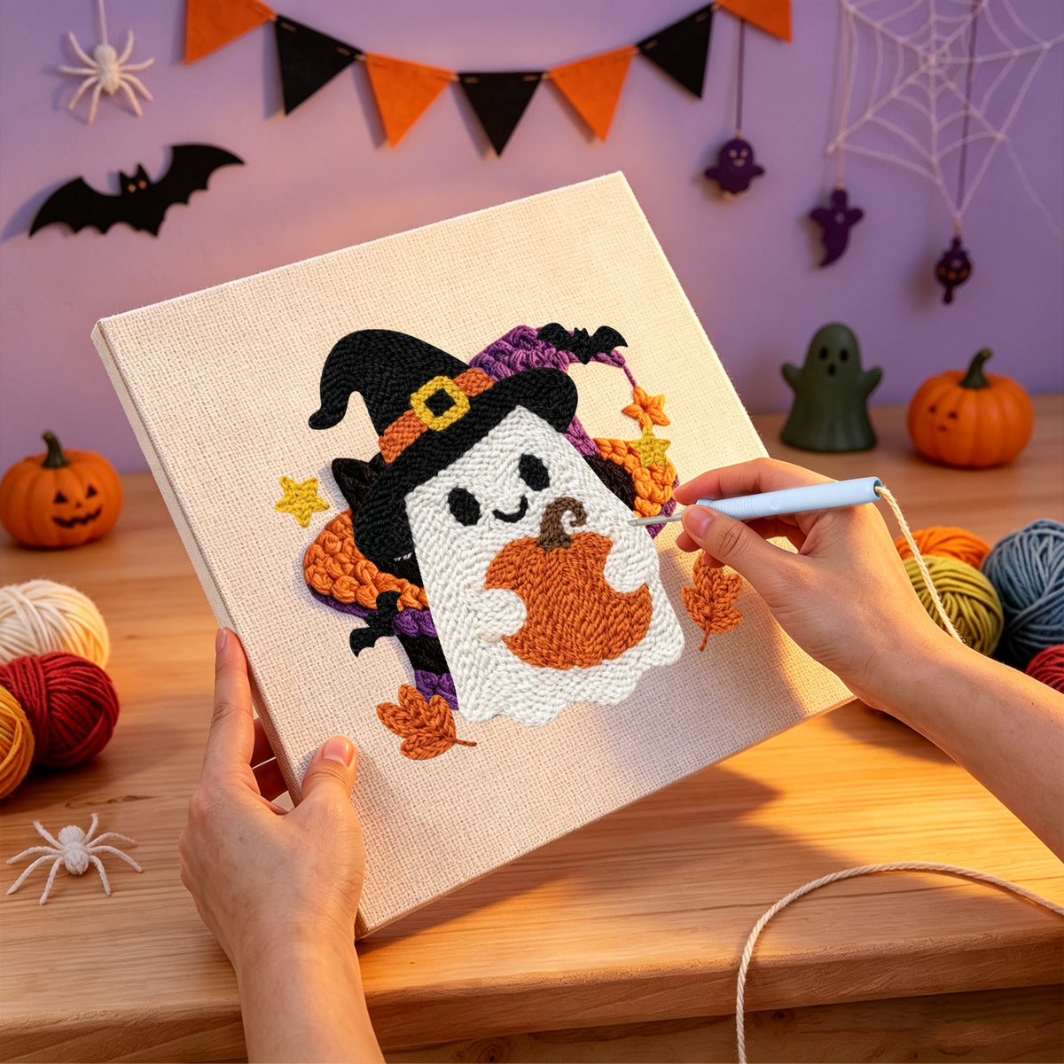 Punching the Pumpkin Hug Ghost design with the punch needle