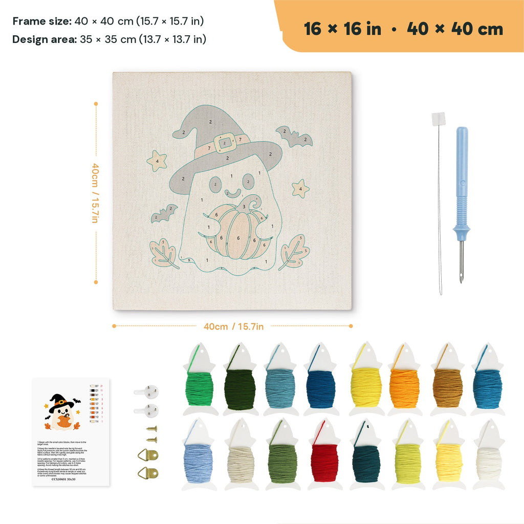 Pumpkin Hug Ghost punch needle kit, 16 × 16 in (40 × 40 cm): canvas size and kit contents