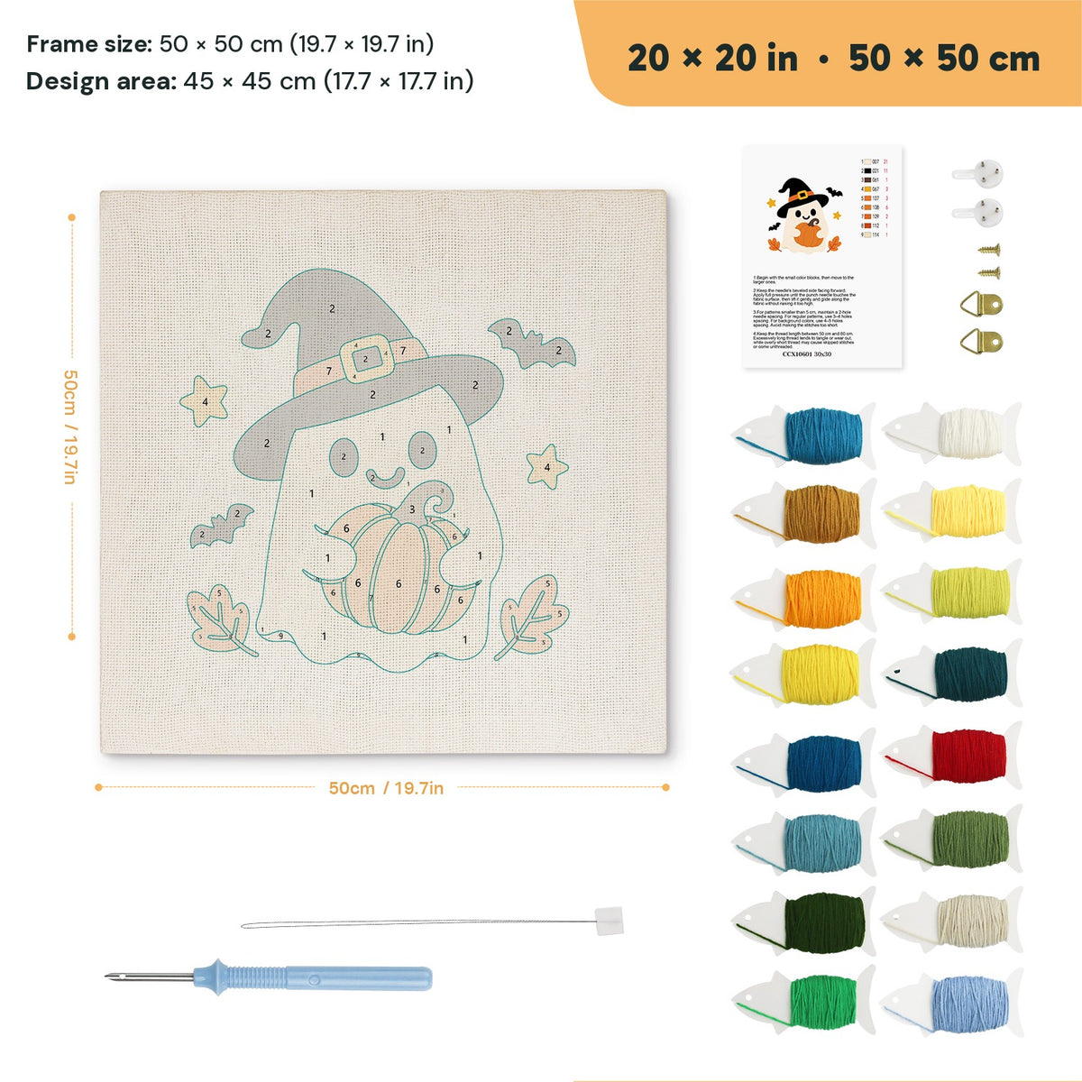 Pumpkin Hug Ghost punch needle kit, 20 × 20 in (50 × 50 cm): canvas size and kit contents
