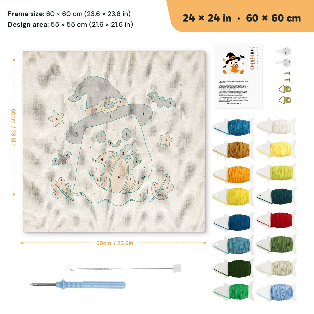 Pumpkin Hug Ghost punch needle kit, 24 × 24 in (60 × 60 cm): canvas size and kit contents