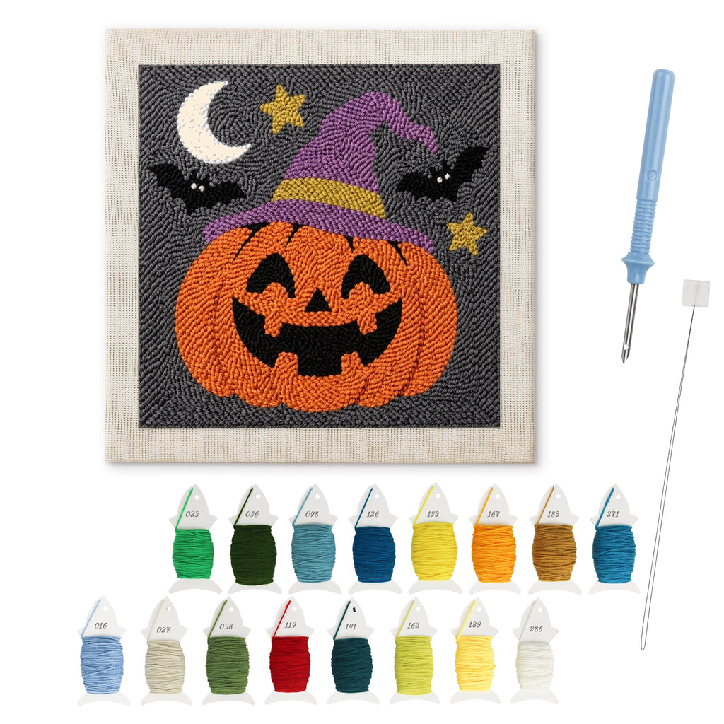 Pumpkin in a Purple Hat punch needle kit: finished canvas with threads, punch needle and threader