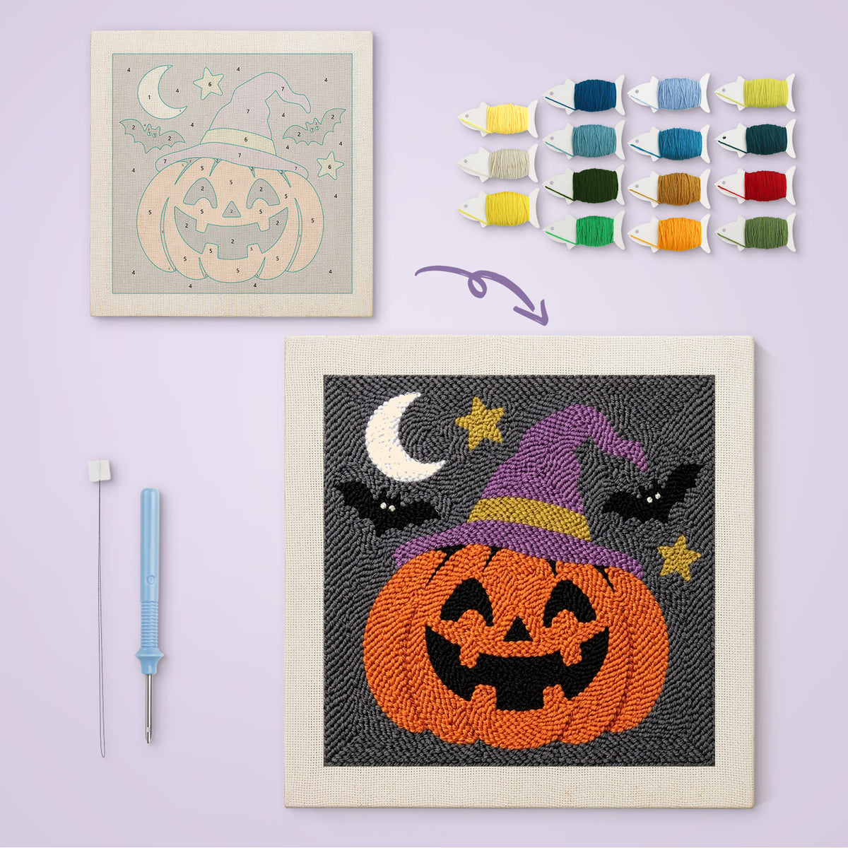 Pumpkin in a Purple Hat canvas before and after punching, with the threads and tools