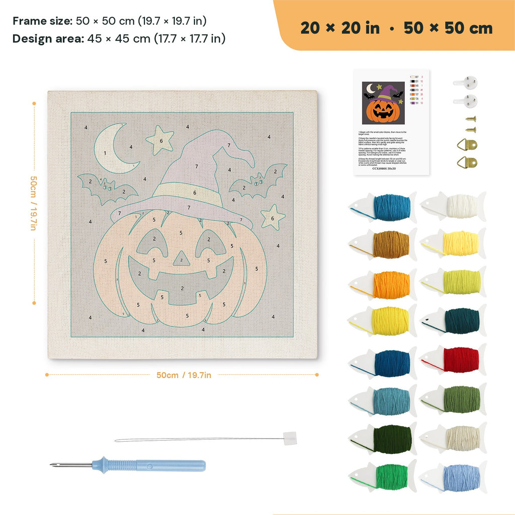 Pumpkin in a Purple Hat punch needle kit, 20 × 20 in (50 × 50 cm): canvas size and kit contents