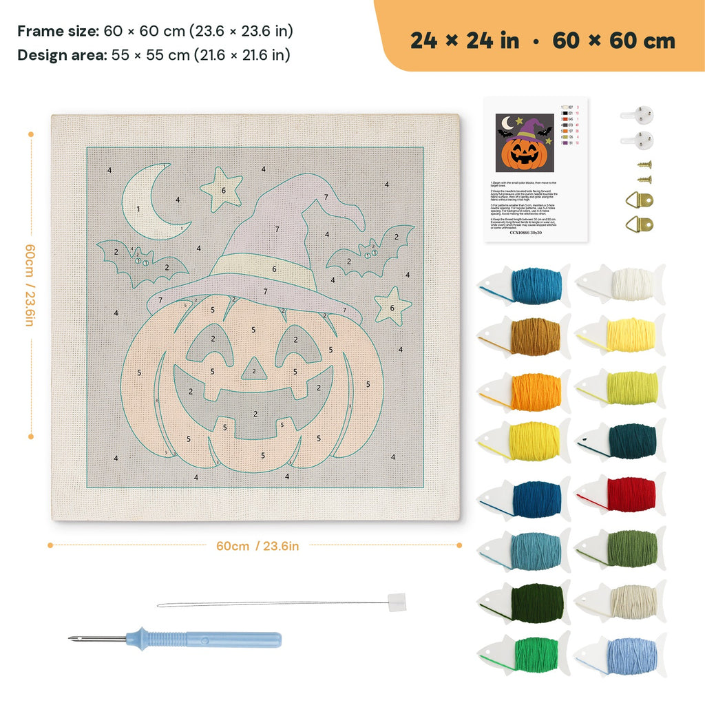 Pumpkin in a Purple Hat punch needle kit, 24 × 24 in (60 × 60 cm): canvas size and kit contents