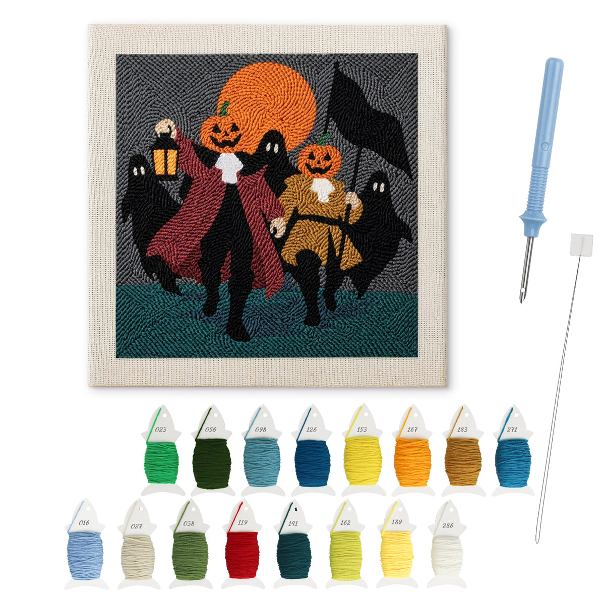 Pumpkin Parade punch needle kit: finished canvas with threads, punch needle and threader