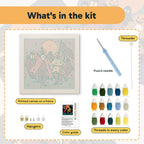 What is in the Pumpkin Parade kit: printed canvas, punch needle, threader, threads, color guide and hangers