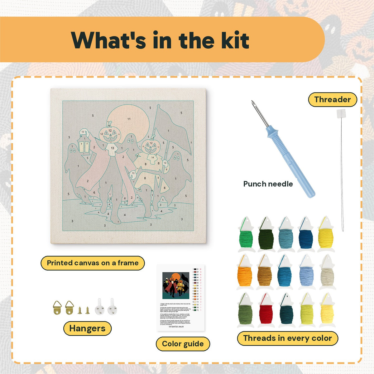 What is in the Pumpkin Parade kit: printed canvas, punch needle, threader, threads, color guide and hangers