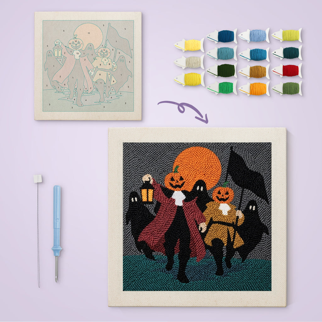 Pumpkin Parade canvas before and after punching, with the threads and tools