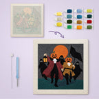 Pumpkin Parade canvas before and after punching, with the threads and tools