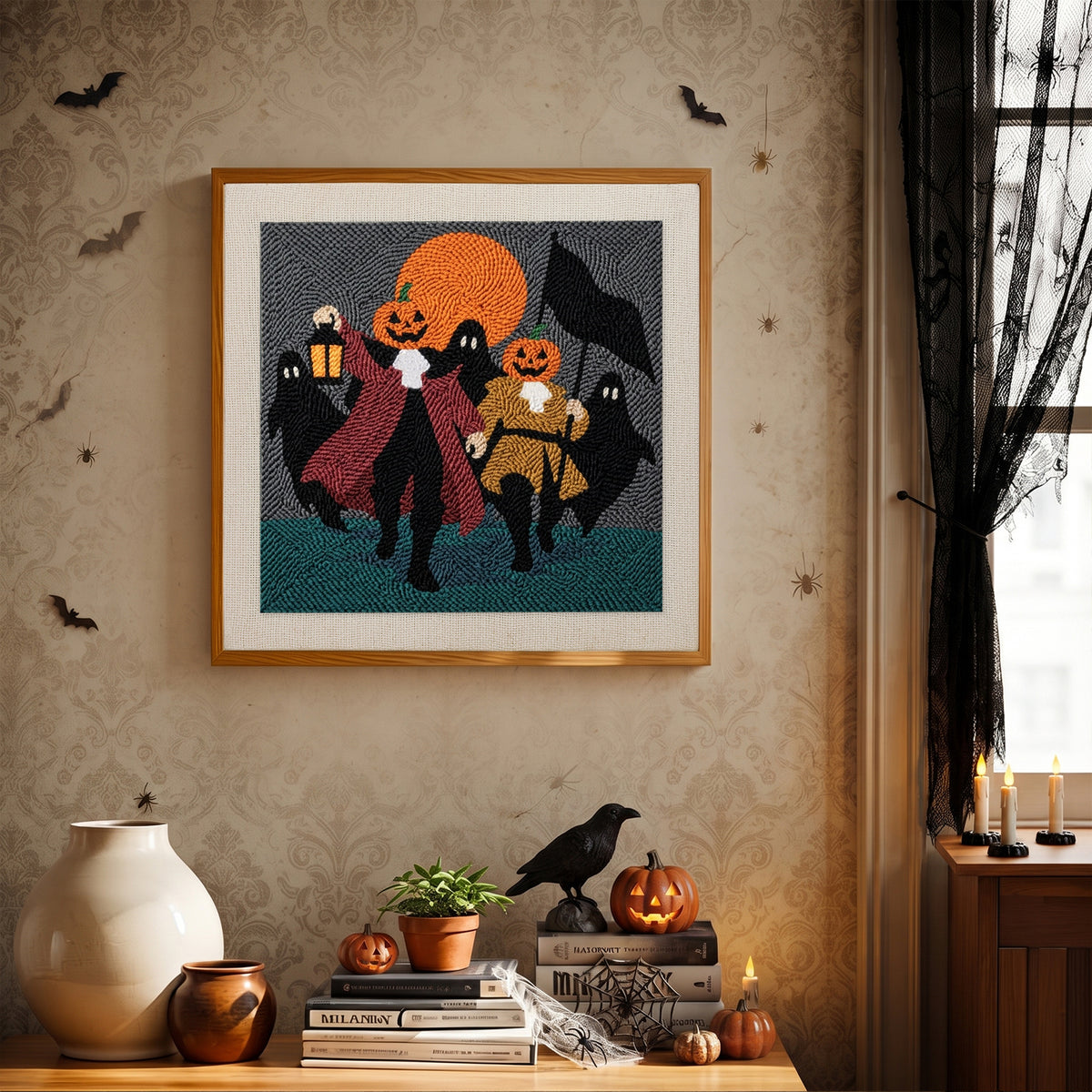 Finished Pumpkin Parade punch needle canvas on a wall
