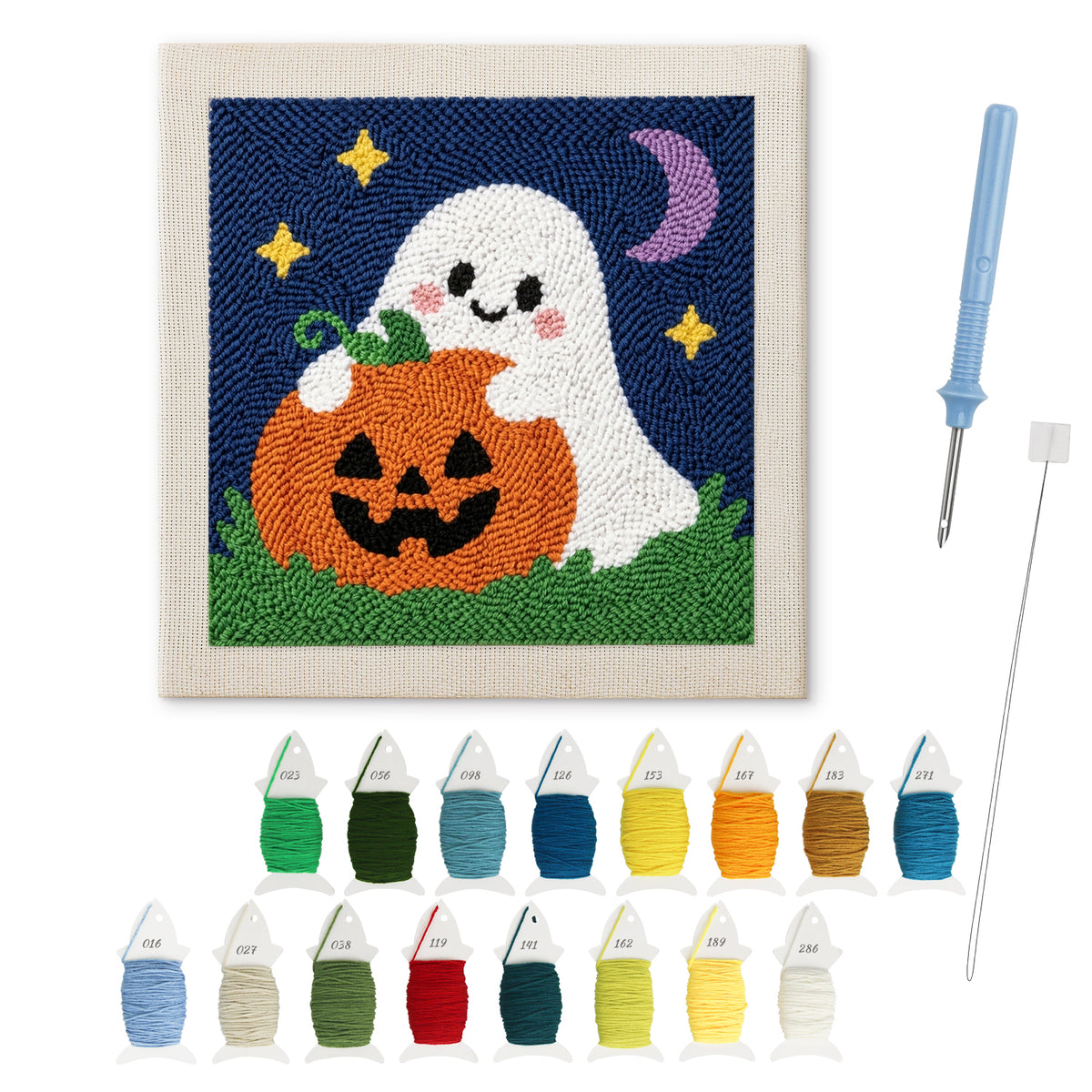 Pumpkin Patch Ghost punch needle kit: finished canvas with threads, punch needle and threader