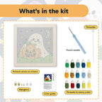 What is in the Pumpkin Patch Ghost kit: printed canvas, punch needle, threader, threads, color guide and hangers