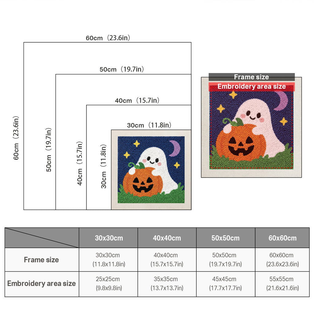 Size chart for square punch needle kits from 30 x 30 cm to 60 x 60 cm