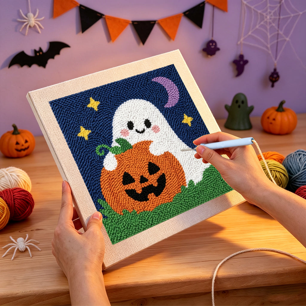Punching the Pumpkin Patch Ghost design with the punch needle