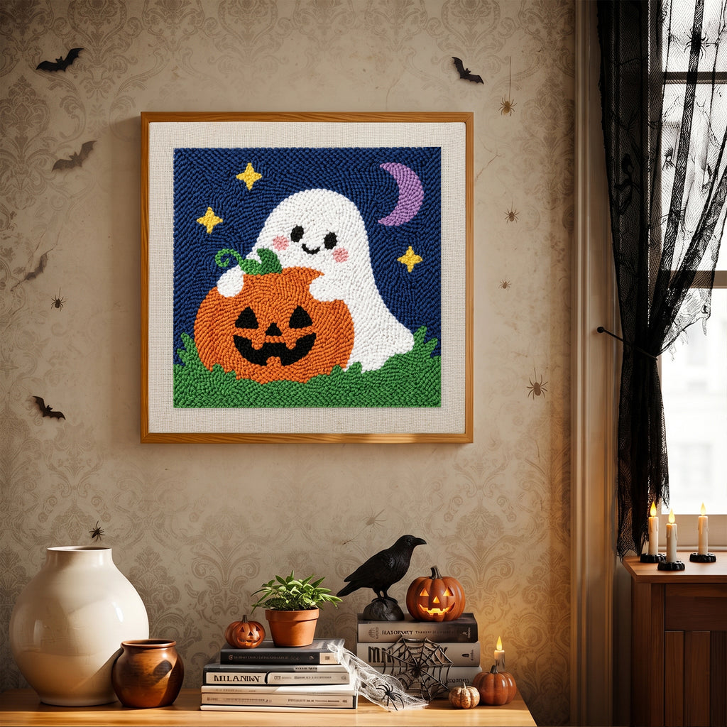 Finished Pumpkin Patch Ghost punch needle canvas on a wall